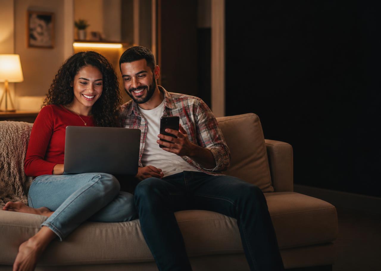 Casal sorrindo observando a tela de um laptop